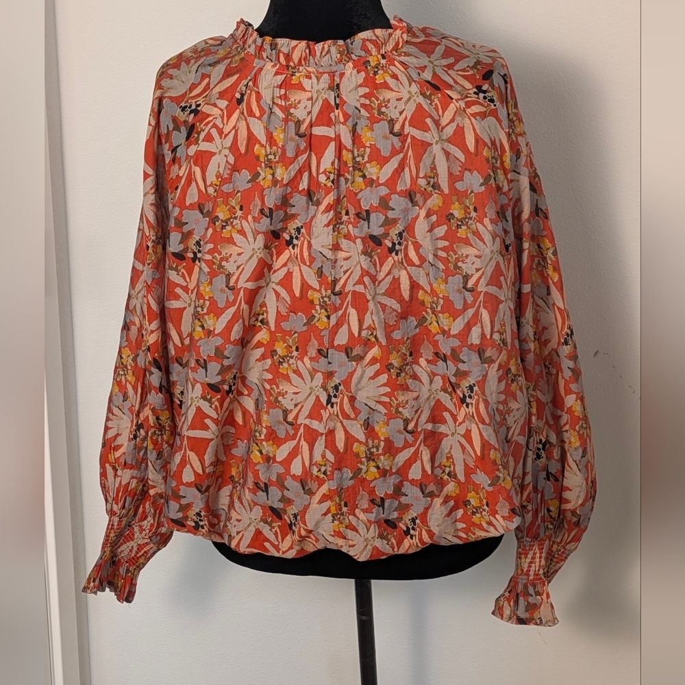Entro Women's Floral Ruffle Balloon Sleeve Blouse Size L Color Rust Bohemian EUC - Picture 11 of 17